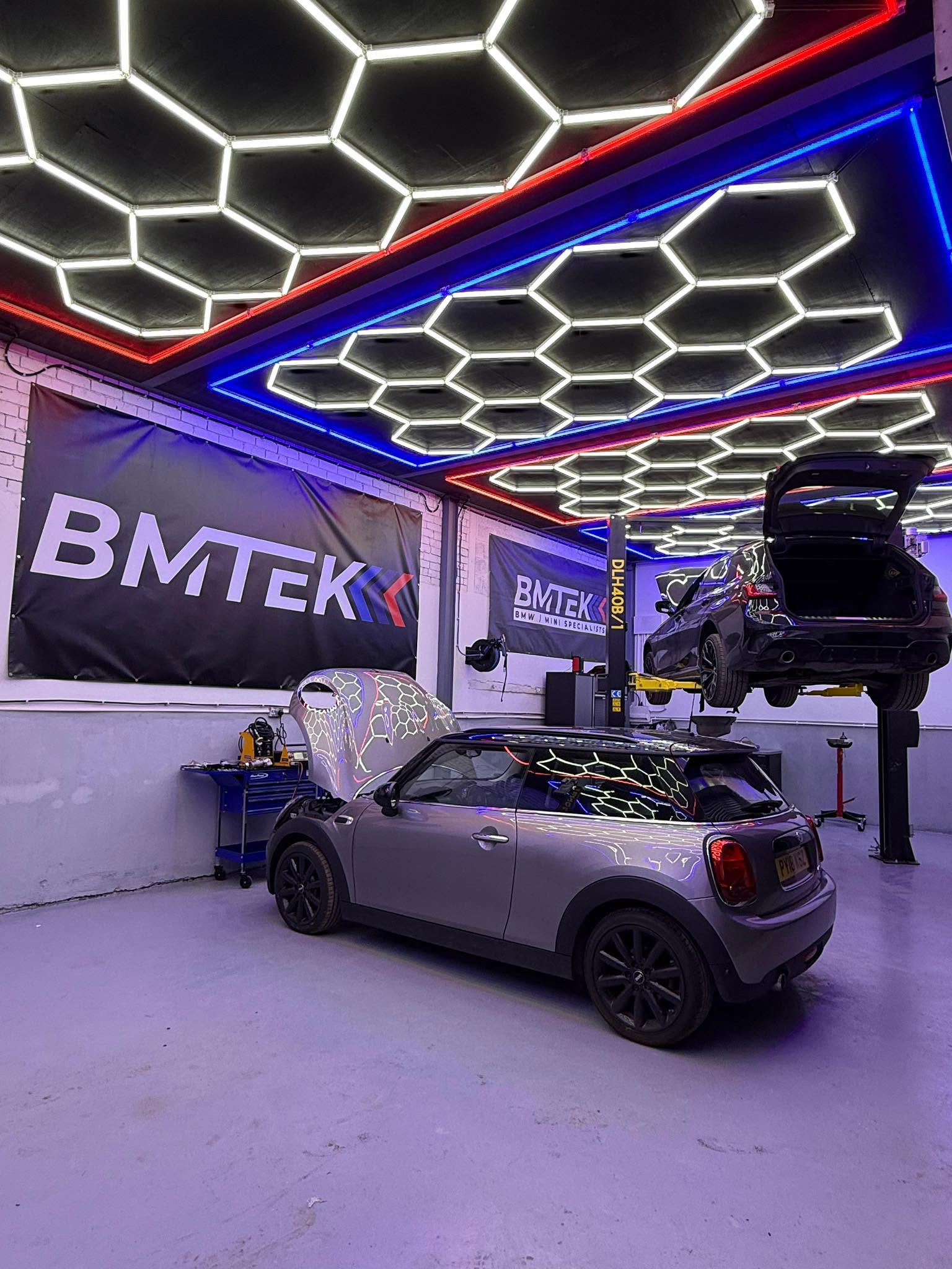 MINI being worked on inside the BMTEK workshop